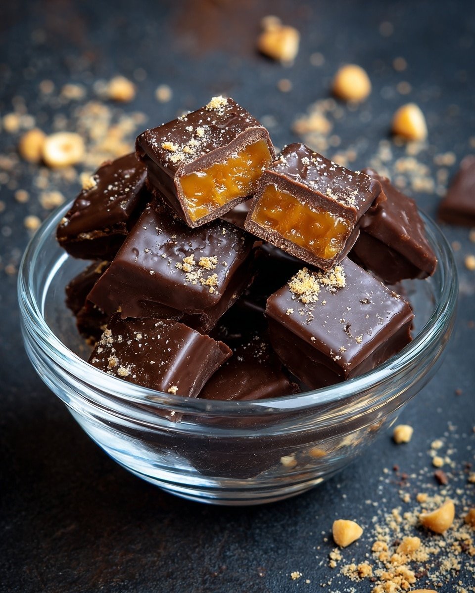 A clear glass bowl filled with several small rectangular dark chocolate-covered pieces, each with a smooth, shiny surface and some small light-colored crumbs on top. On top of the pile, two pieces are sliced open to show a thick, glossy golden caramel center with a wrinkled texture. The bowl is placed on a dark surface with scattered light brown nuts and crumbs around it. photo taken with an iphone --ar 4:5 --v 7 — Spice Cake with Eggnog Buttercream, holiday spice cake recipe, festive eggnog frosting, seasonal cake dessert, easy holiday spice cake