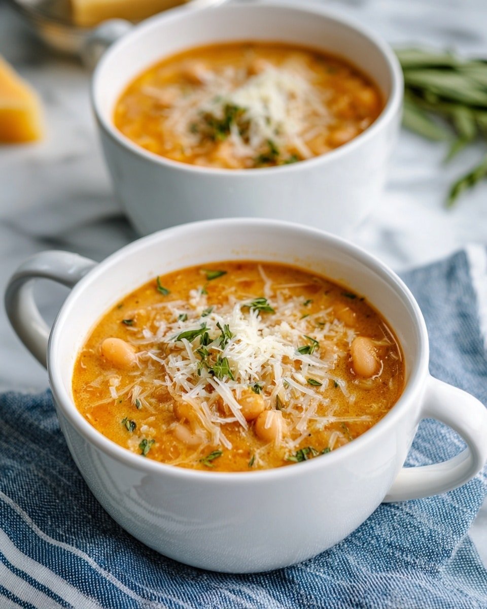 Two white bowls filled with a thick, creamy orange stew that has chunks of pale orange squash, light beige beans, and shredded cheese on top. The stew is garnished with small green herb leaves scattered on the surface. The bowls have handles and are placed on a blue and white striped cloth, set on a white marbled surface. The background is softly blurred, showing some green herbs and a wedge of yellow food. photo taken with an iphone --ar 4:5 --v 7 — Raspberry Chia Pudding with Maple Syrup, healthy raspberry chia pudding, vegan chia pudding recipes, easy fruit breakfast, natural sweetened chia pudding