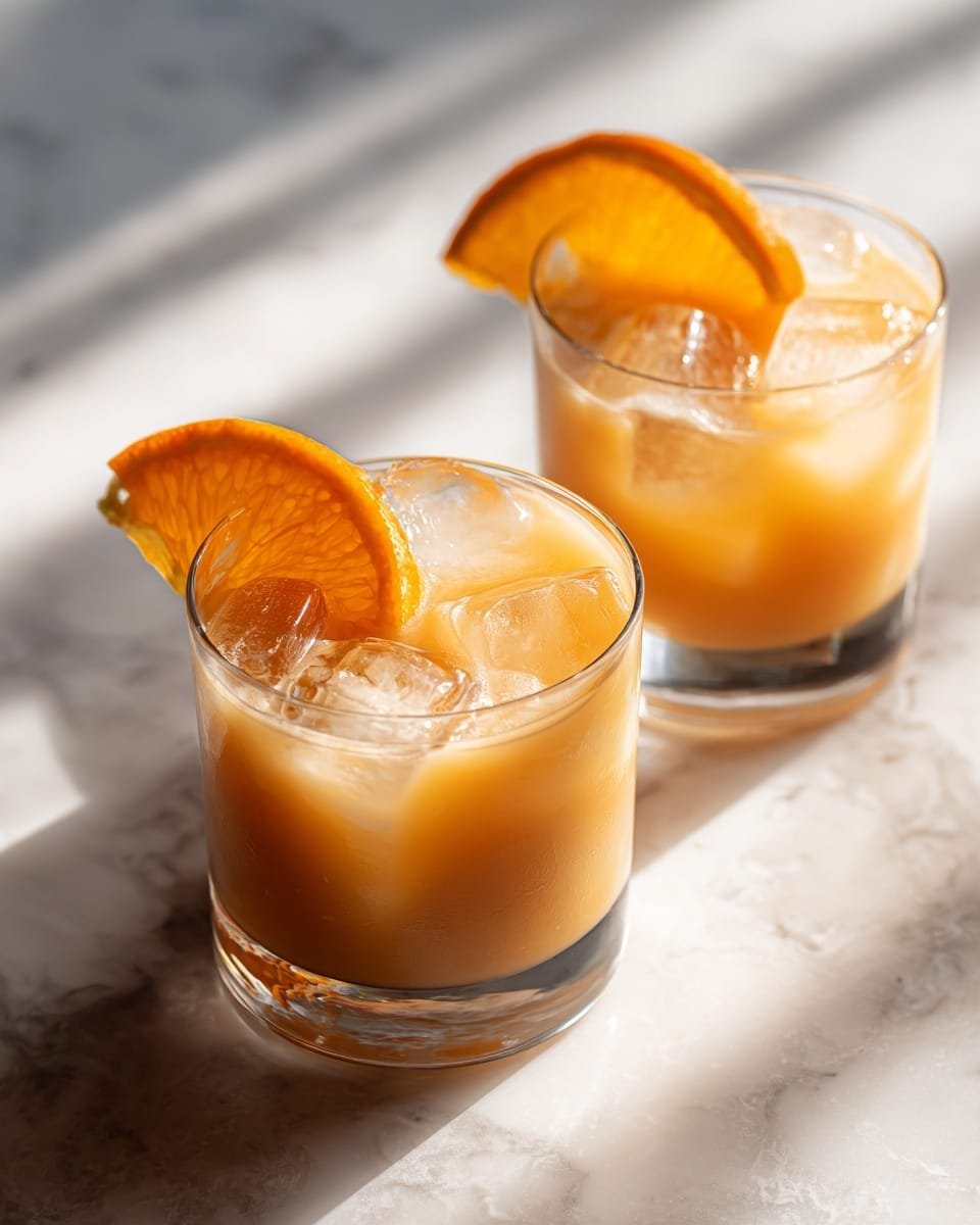 Two clear short glasses filled with a light brown creamy drink and small ice cubes floating on top. Each glass is garnished with a bright orange slice placed on the rim, showing the detailed texture of the fruit. The drinks have a smooth, slightly swirled look under the ice. They are set on a white marbled surface with soft natural light casting clear shadows, highlighting the drink’s cold and refreshing feel. photo taken with an iphone --ar 4:5 --v 7 — White Cheddar & Apple Chicken Chili, hearty chicken chili with apple and cheddar, creamy chicken chili recipes, cozy fall chili dishes, easy apple chicken chili