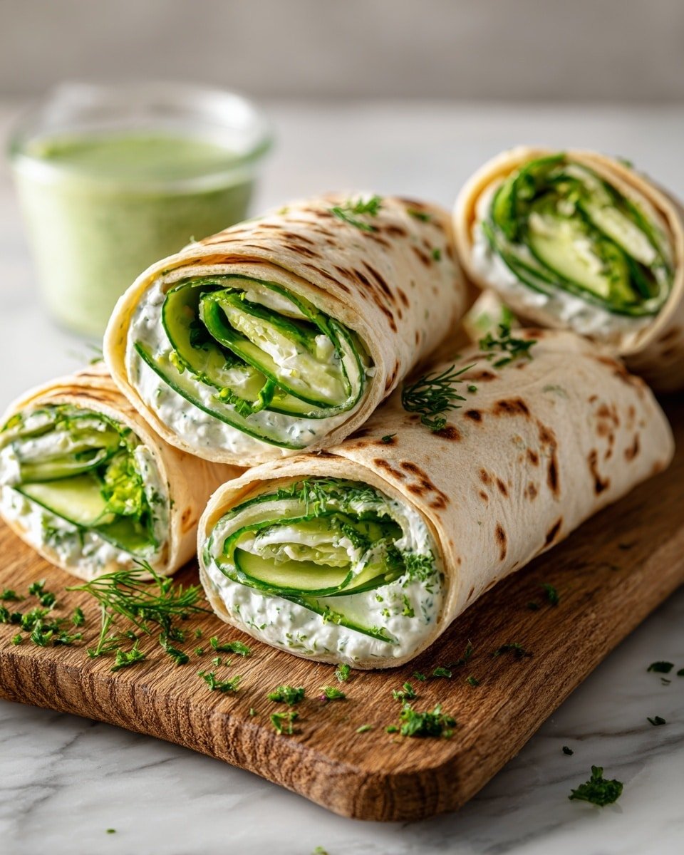 The image shows three rolled wraps on a wooden board with a white marbled surface beneath. Each wrap has a light beige tortilla with toasted brown spots, filled with a layer of white creamy spread mixed with green chopped herbs, and thick slices of bright green cucumber inside. Some chopped green herbs are sprinkled on top of the wraps and scattered around them on the board. In the blurred background, a small clear container holds a green sauce. Photo taken with an iphone --ar 4:5 --v 7 — Refreshing Coconut Orange Glow, easy citrus dessert, creamy tropical dessert, quick citrus treat, no-bake coconut orange dessert