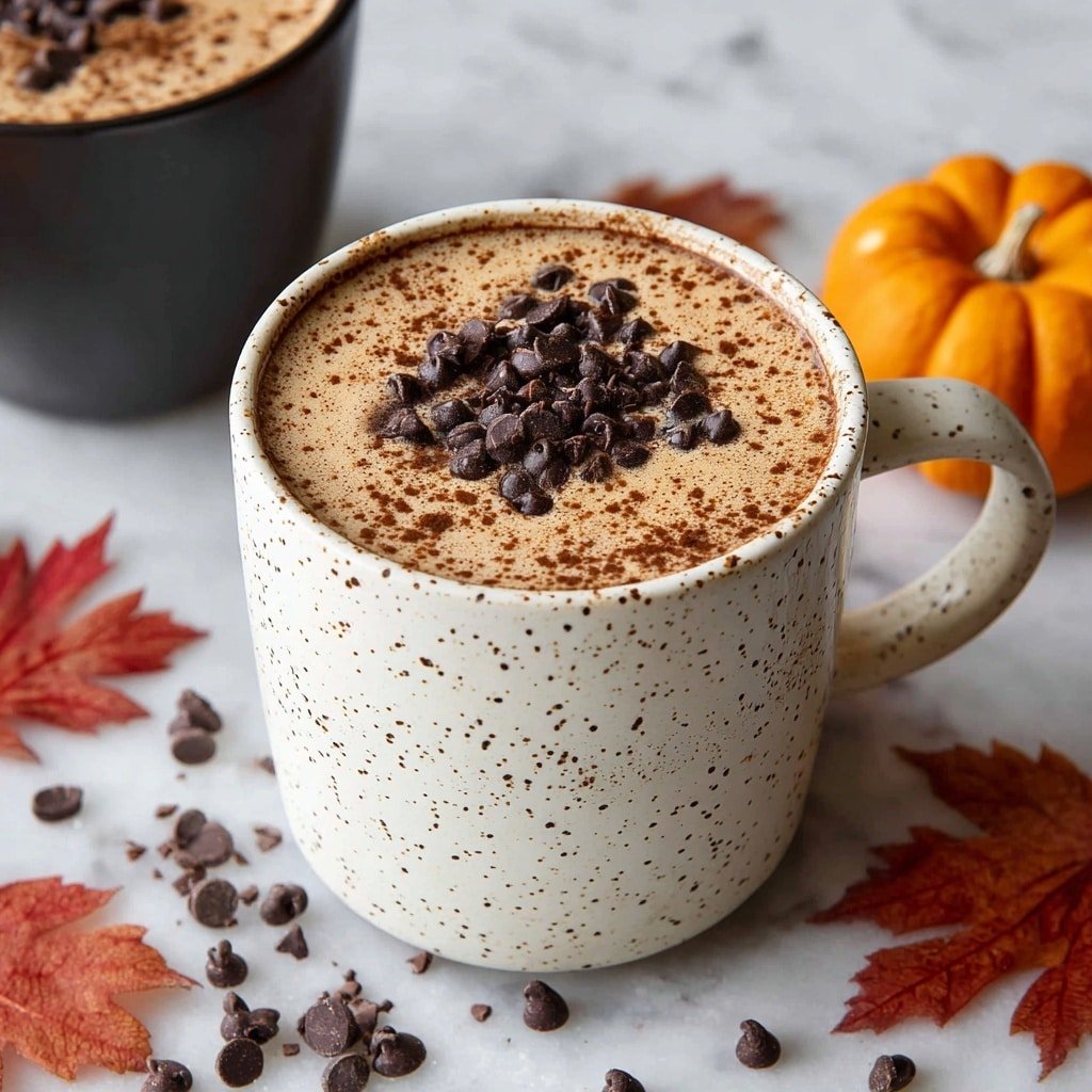 A white speckled mug filled with creamy light brown hot chocolate that is slightly overflowing and dripping down the sides, topped with a small pile of dark chocolate chips and light dusting of cocoa powder. The mug is placed on a white marbled surface scattered with chocolate chips and small bits of chocolate. In the background, there is another black mug filled with hot chocolate and a small orange pumpkin and red-brown autumn leaves decorating the scene. Photo taken with an iphone --ar 1:1 --v 7 — Salted Caramel Hot Chocolate, decadent hot chocolate, easy winter drinks, cozy chocolate beverage, homemade caramel hot chocolate