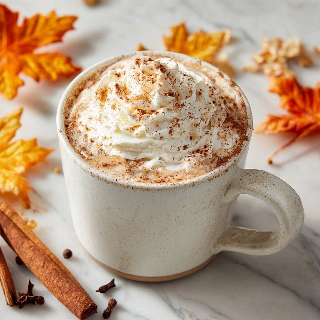 A white mug filled with a creamy drink is on a white marbled surface. The drink has a thick swirl of white whipped cream on top, sprinkled with light brown powder, which also dusts the rim and handle of the mug. Around the mug, there are autumn leaves in orange and yellow shades, some cinnamon sticks, and small clove spices scattered on the surface. The photo is clear and bright, giving a cozy fall feeling. photo taken with an iphone --ar 1:1 --v 7 — Pumpkin Spice Hot Chocolate, cozy fall drinks, autumn hot chocolate, seasonal winter beverages, homemade pumpkin hot chocolate