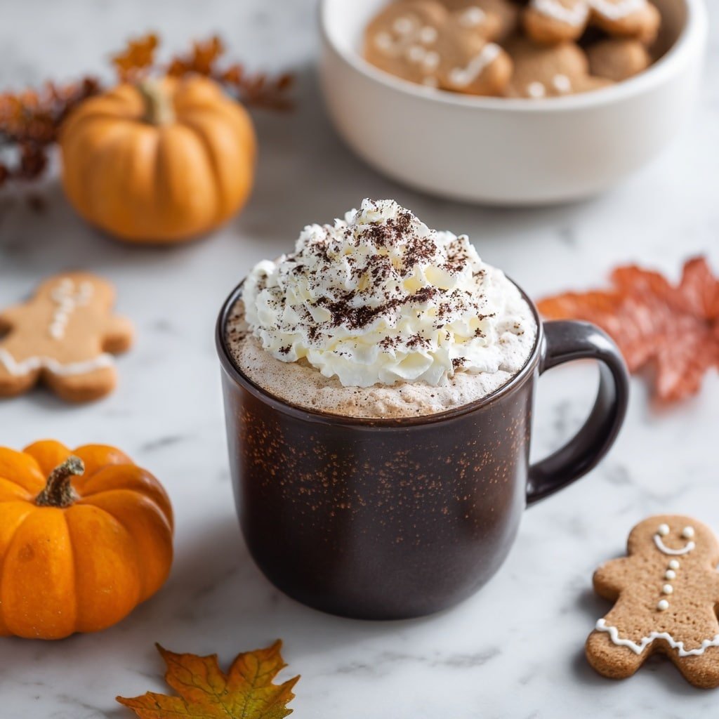 A warm brown mug filled with frothy coffee topped with a thick layer of white whipped cream sprinkled with dark brown cinnamon powder, sitting on a white marbled surface. Around the mug are light brown gingerbread cookies shaped like people, a small bright orange pumpkin, and some autumn leaves, creating a cozy fall atmosphere. In the background, more gingerbread cookies rest on a white bowl, with soft light highlighting the textures and colors. photo taken with an iphone --ar 1:1 --v 7 — Gingerbread Hot Chocolate, cozy gingerbread hot chocolate, spiced hot chocolate drink, festive chocolate beverage, easy winter hot chocolate