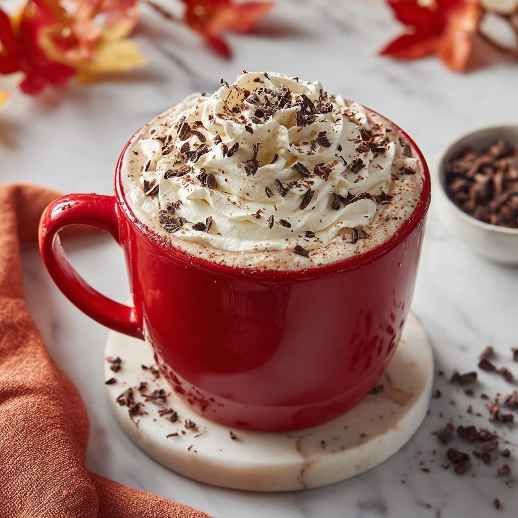 A bright red mug filled with a creamy drink topped with a large swirl of white whipped cream dusted with fine cocoa powder, and sprinkled with small dark chocolate shavings. The mug sits on a round white marble coaster with chocolate bits scattered around. The background shows some soft orange cloth and blurred fall-colored leaves, all on a white marbled surface. Photo taken with an iphone --ar 1:1 --v 7 — Peanut Butter Hot Chocolate, rich hot chocolate with peanut butter, cozy hot chocolate drink, easy peanut butter chocolate beverage, comforting winter hot drink
