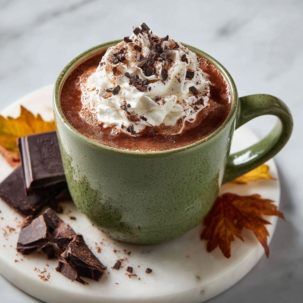 A green ceramic mug filled with rich brown hot chocolate sits on a round white marble coaster. The drink is topped with a large swirl of white whipped cream, dusted with cocoa powder, and sprinkled with small dark chocolate shavings. Around the mug, pieces of broken dark chocolate and a few autumn leaves in shades of yellow and brown rest on a white marbled surface. The mug’s handle is visible on the right side, adding a cozy feel to the scene. photo taken with an iphone --ar 1:1 --v 7 — Bailey’s Hot Chocolate, hot chocolate with Bailey’s Irish Cream, cozy chocolate drink recipes, festive hot chocolate ideas, creamy boozy hot chocolate