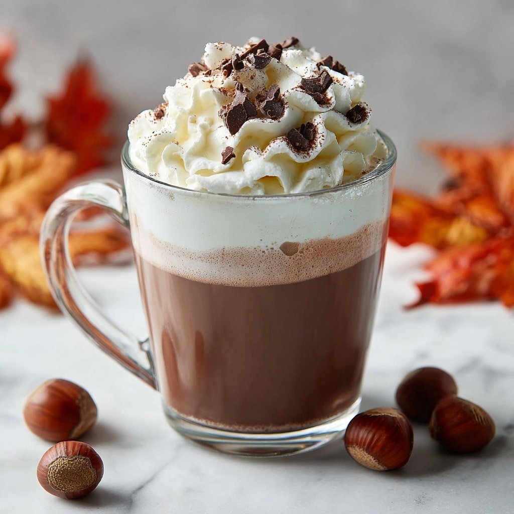 A clear glass mug filled with three visible layers: the bottom layer is rich brown chocolate milk, the middle layer is creamy white milk swirled softly into the chocolate, and the top layer is thick whipped cream piled high with a smooth, light texture. The whipped cream is sprinkled with small chocolate pieces and a light dusting of cocoa powder. The mug sits on a white marbled surface scattered with whole and halved hazelnuts and blurred autumn leaves in warm orange and brown shades in the background. Photo taken with an iphone --ar 1:1 --v 7 — Nutella Hot Chocolate, Nutella hot chocolate recipe, homemade Nutella hot chocolate, creamy Nutella hot chocolate, cozy hot chocolate drink