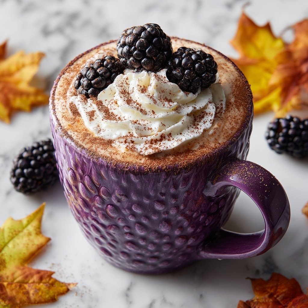 A purple mug with a textured surface holds a creamy light brown drink topped with a swirl of white whipped cream. Three blackberries are placed on the whipped cream, and a dusting of cocoa powder covers both the cream and the drink near the mug's rim. The mug is on a white marbled surface, scattered with a few blackberries and autumn leaves in yellow and brown shades. Photo taken with an iphone --ar 1:1 --v 7 — Blackberry Hot Chocolate, Blackberry Hot Chocolate recipe, cozy fruit hot chocolate, indulgent berry chocolate drink, easy blackberry hot chocolate