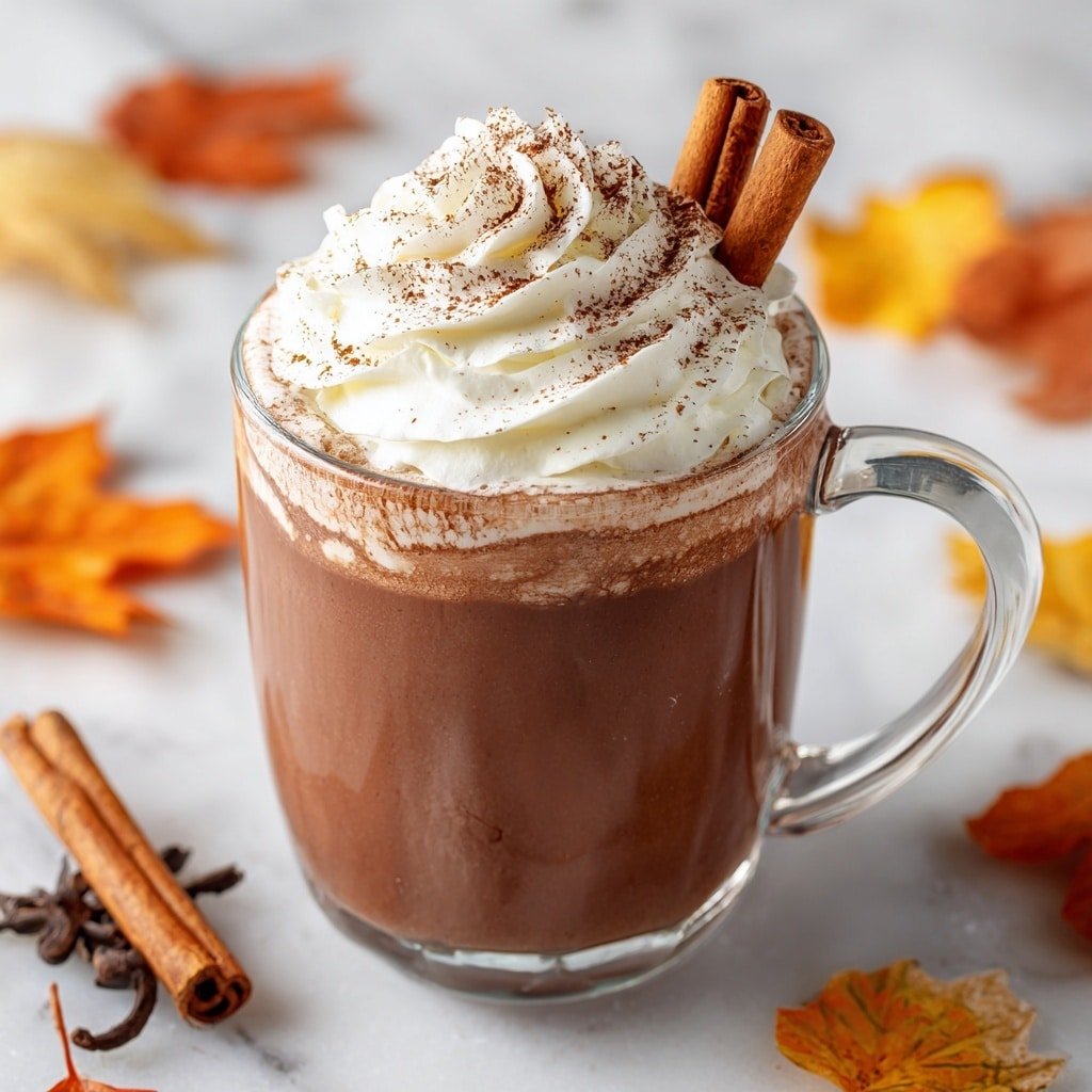 A clear glass mug filled with a smooth brown hot chocolate drink, topped with a thick swirl of white whipped cream dusted with cocoa powder. Two cinnamon sticks stand upright behind the whipped cream, adding a warm brown color contrast. The mug sits on a white marbled surface surrounded by scattered autumn leaves in shades of orange, yellow, and brown, creating a cozy fall atmosphere. Some cinnamon sticks and cloves lay next to the mug, enhancing the seasonal feel. Photo taken with an iphone --ar 1:1 --v 7 — Cinnamon Hot Chocolate, spiced hot chocolate recipe, cozy winter drinks, homemade hot chocolate, cinnamon chocolate beverage