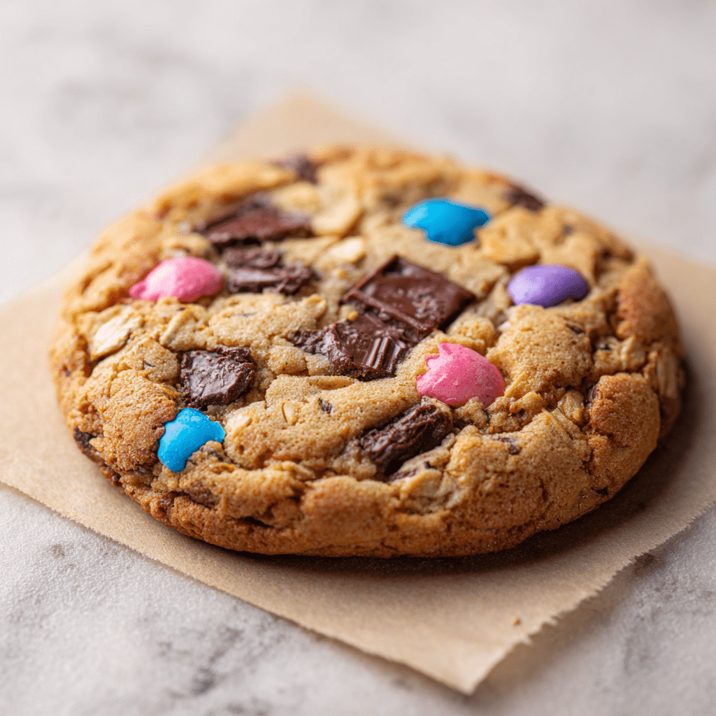 A single round cookie with a rough, textured surface sits on light brown parchment paper, which is on a white marbled background. The cookie is golden brown with visible oats mixed into its dough. Its surface is decorated with colorful candy pieces in pink, purple, and blue, along with dark brown chocolate chunks scattered throughout. The cookie's edges are slightly uneven and crisp, showing small baked ridges. Photo taken with an iphone --ar 1:1 --v 7 — High Protein Single Serve Protein Monster Cookie, healthy protein cookie, quick single serve dessert, easy protein snack, homemade protein cookie