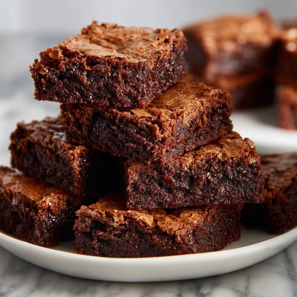 A stack of seven rich chocolate brownies sits on a white plate, arranged in a slightly messy pile. Each brownie is a thick square with a shiny, cracked top layer that shows a deep, dark brown color. The texture looks fudgy inside with a slight crust on top, giving a glossy and crackled appearance. The white marbled surface underneath the plate enhances the dark richness of the brownies. In the background, blurred white plates hold more brownies, keeping the focus on the front stack. photo taken with an iphone --ar 1:1 --v 7 — Flourless Greek Yogurt Brownies, healthy Greek yogurt brownies, fudgy flourless dessert, easy Greek yogurt brownie recipe, chocolate Greek yogurt brownies