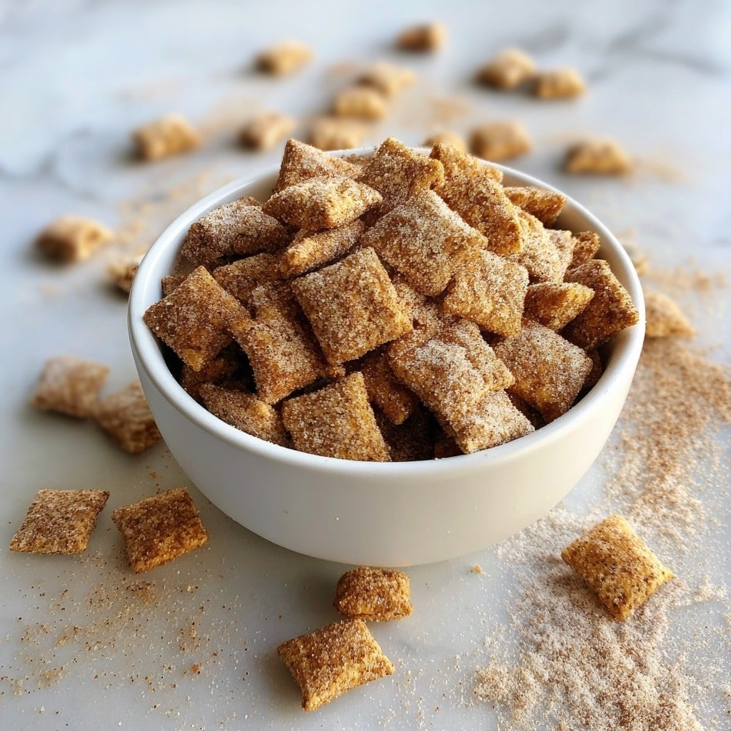 A white bowl filled with many small square pieces of snack covered in a light brown cinnamon sugar powder. The snack pieces have a rough texture with a slightly crunchy look. The bowl rests on a white marbled surface, with parts of the snack scattered softly around the bowl. The lighting is bright and natural, making the snack appear warm and inviting. photo taken with an iphone --ar 1:1 --v 7 — Healthy Protein Puppy Chow, healthy snack with protein, nutritious puppy chow alternative, easy healthy dessert recipe, protein-packed snack idea