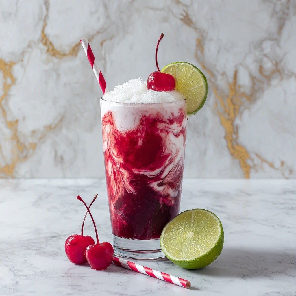 Cherry Lime Frost Dirty Soda Recipe - Recipe Image — Cherry Lime Frost Dirty Soda, refreshing cherry lime soda, fizzy cherry lime drink, summer mocktail recipes, creamy soda beverage