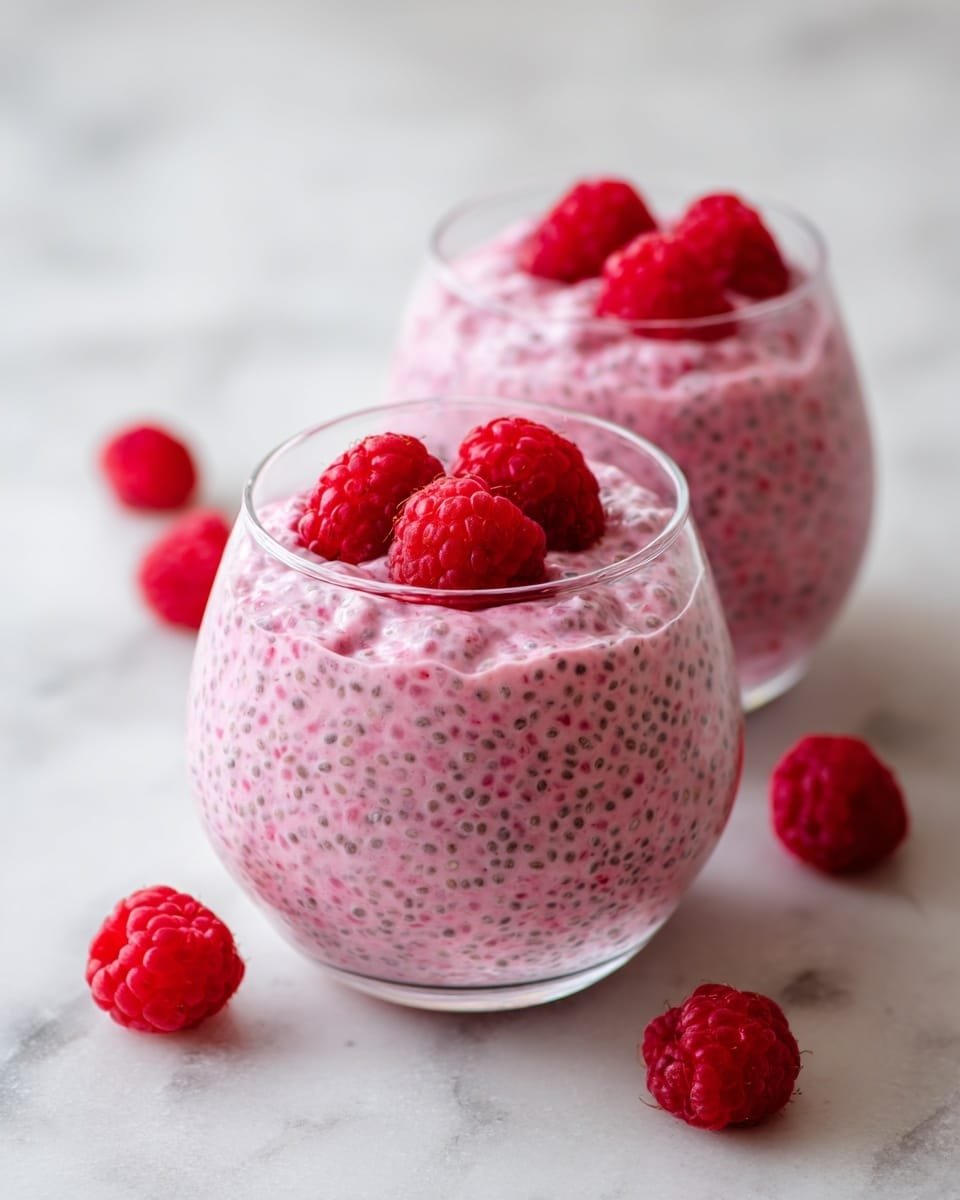 The image shows two clear glass cups filled with a pink chia seed pudding that has a thick and creamy texture, with small dark chia seeds evenly spread throughout. Each cup is topped with three bright red raspberries, positioned in the center, adding a fresh and vibrant touch. The glasses are placed on a white marbled surface, creating a clean and simple background. A few raspberries are scattered around the glasses, enhancing the natural and inviting look of the dish. photo taken with an iphone --ar 4:5 --v 7 — Date Snickers, healthy date candies, homemade chocolate treats, natural sweetness snacks, quick no-bake desserts
