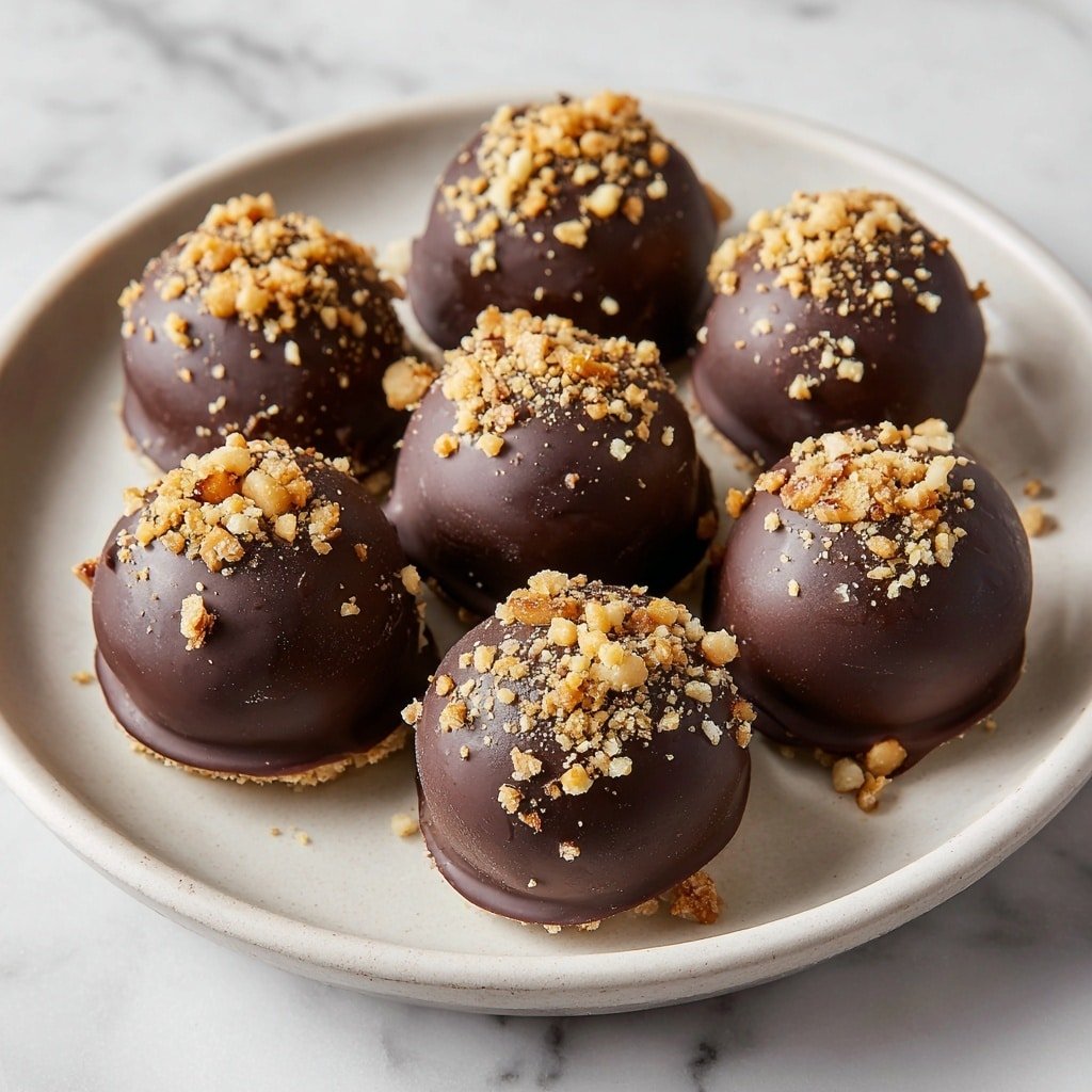The image shows a white plate filled with eight rounded chocolate-covered treats arranged closely together. Each treat has a smooth, shiny dark brown chocolate coating with small bits of crushed nuts sprinkled on top, adding texture and light brown color contrast. The chocolate coating appears thick and slightly uneven, especially near the base where it looks rougher. The plate sits on a white marbled surface, and the lighting highlights the glossiness of the chocolate and the details of the nut pieces. Photo taken with an iphone --ar 1:1 --v 7 — Frozen Greek Yogurt Bites, healthy frozen snacks, easy frozen yogurt treats, homemade Greek yogurt bites, quick healthy dessert