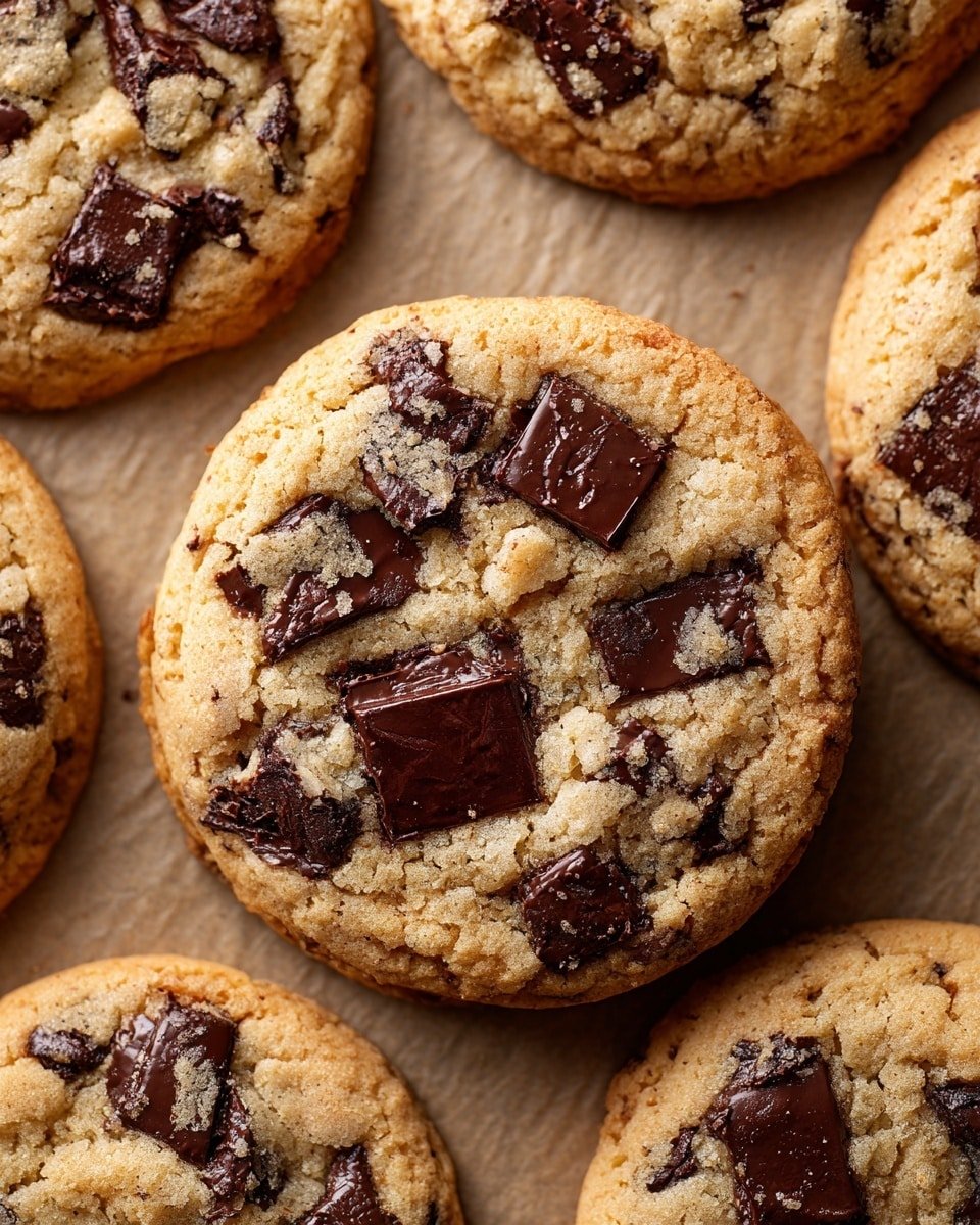 The image shows a close-up of a baked cookie with large, chunky dark chocolate pieces embedded throughout a light golden dough. The cookie has a slightly uneven surface with a crumbly texture visible on the top, creating a rough and inviting appearance. Multiple similar cookies surround the main cookie, all resting on a baking tray lined with parchment paper. The colors include warm light brown and creamy beige tones of the dough mixed with dark brown chocolate chunks. photo taken with an iphone --ar 4:5 --v 7 — Sweet Chocolate Chip and Toffee Shortbread Cookies, chocolate chip shortbread cookies, toffee shortbread cookies, buttery shortbread with chocolate and toffee, easy holiday cookie recipes