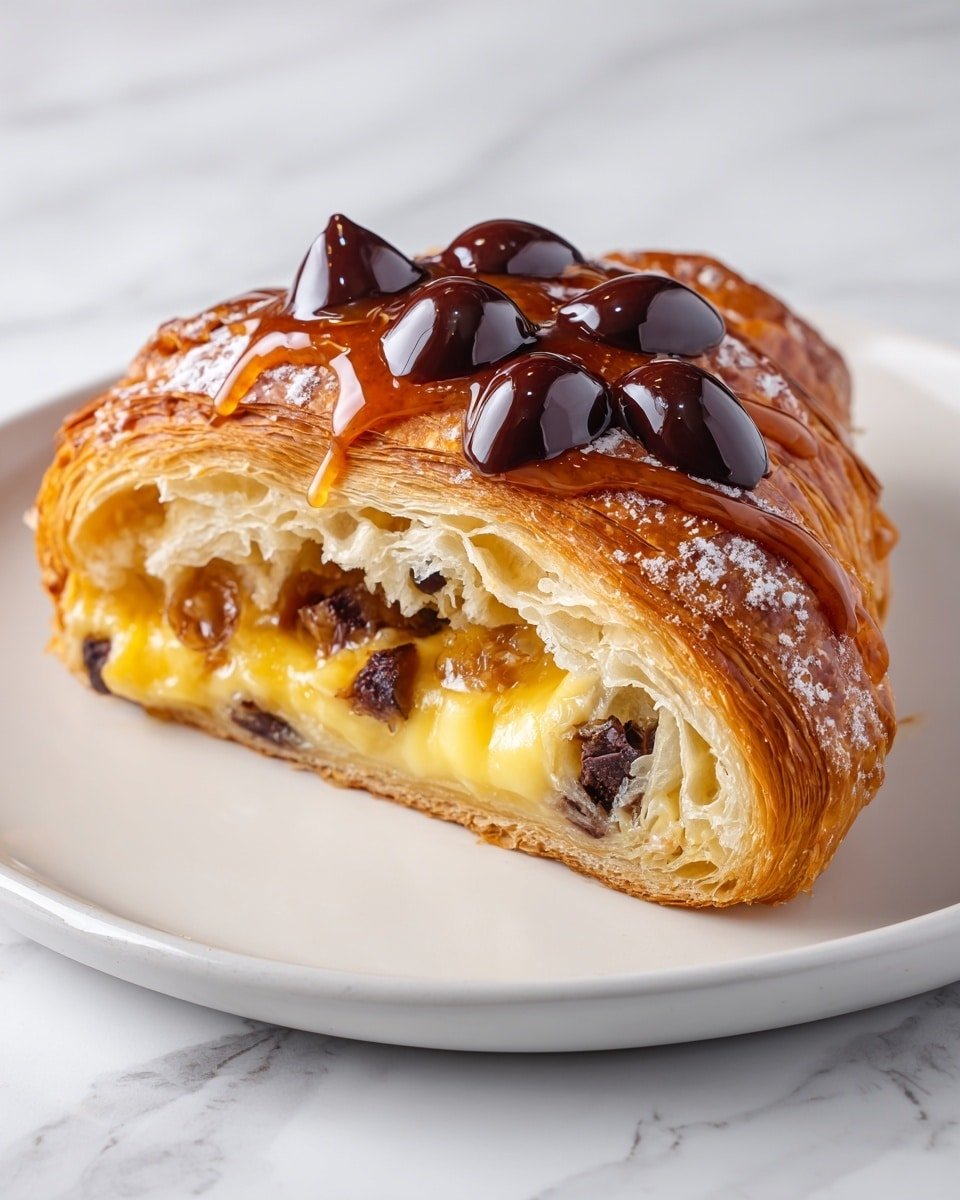 The image shows a thick slice of a croissant-style pastry on a white plate, resting on a white marbled surface. The pastry has visible layers of golden-brown flaky crust on the outside, with a soft inside filled with melted yellow custard cream and scattered dark brown chocolate chips. On top, there is a drizzle of shiny caramel sauce and several large, glossy, dark chocolate drops. The pastry's textures contrast between crisp edges and creamy filling. Photo taken with an iphone --ar 4:5 --v 7 — Decadent Chocolate Croissant Breakfast Bake, chocolate pastry breakfast, indulgent brunch recipes, easy brunch ideas with croissants, chocolate breakfast baked dish