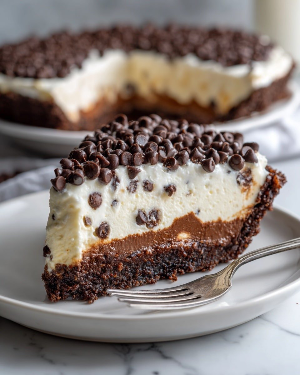 A slice of pie with three layers sits on a white plate on a white marbled surface. The bottom layer is thick and dark brown with a crumbly texture, the middle layer is creamy white with small chocolate bits mixed in, and the top layer is a smooth white cream covered with many small dark chocolate chips scattered on top and at the edges. A silver fork rests on the plate next to the pie slice. In the background, the rest of the pie is slightly out of focus, showing more of the same three layers. Photo taken with an iphone --ar 4:5 --v 7 — Chocolate Chip Cannoli Pie, Italian dessert pie, no-bake pie with ricotta and mascarpone, easy holiday dessert, chocolate chip pastry pie