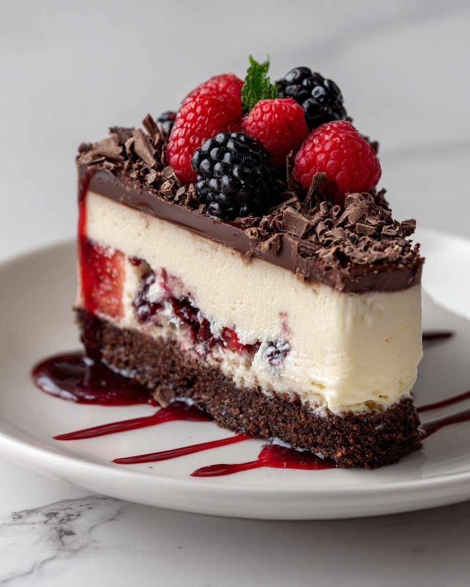 The image shows a slice of cheesecake on a white plate, placed on a white marbled surface. The cheesecake has three clear layers: the bottom layer is dark brown and crumbly, topped by a thick, creamy off-white middle layer with visible mixed berries inside, followed by a thin white layer. The top is covered with a shiny, dark chocolate layer sprinkled with small chocolate shavings. Fresh raspberries, blackberries, and a single red berry sit on top, adding bright red and black colors. There is a drizzle of dark red berry sauce running down the sides of the slice. photo taken with an iphone --ar 4:5 --v 7 — Dark Chocolate Raspberry Cheesecake, chocolate raspberry cheesecake, easy cheesecake recipe, rich chocolate dessert, fruity cheesecake