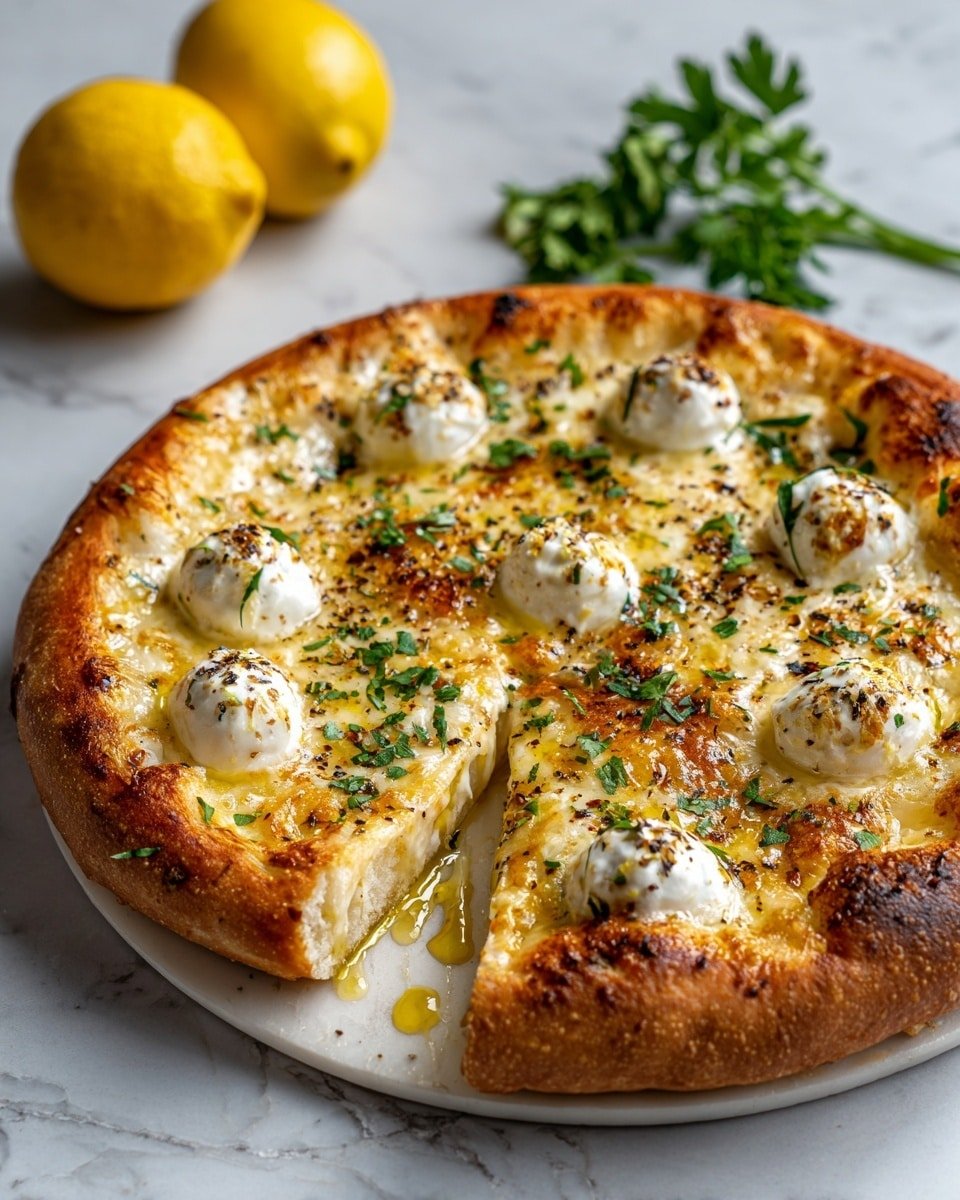 A round pizza with one thick, golden-brown crust around the edges placed on white marbled surface. The pizza has a light yellowish base with melted cheese spread all over. On top, there are small white dollops evenly placed in a circle and sprinkled with chopped green herbs, black pepper, and a drizzle of yellow oil. A whole yellow lemon and some green parsley are blurred in the background. photo taken with an iphone --ar 4:5 --v 7 — Lemon Pizza with Fresh Herbs, Lemon Herb Pizza, Citrus Pizza recipe, Fresh Herb Pizza, Bright Lemon Pizza