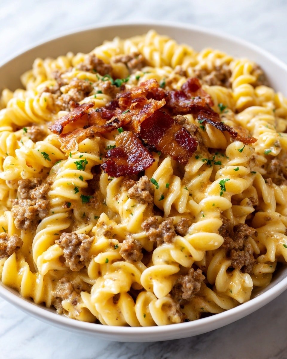 A close-up view of a bowl filled with cooked curly pasta that is creamy and yellow in color, layered with small pieces of browned ground meat evenly spread throughout. On top, there are strips of crispy bacon with a reddish-brown color and shiny texture, scattered among tiny green herb bits for a touch of color. The bowl is white, and the whole image is set against a white marbled texture surface. photo taken with an iphone --ar 4:5 --v 7 — Loaded Bacon Cheeseburger Pasta, cheeseburger pasta, bacon pasta recipes, easy comfort food recipes, hearty weeknight dinners
