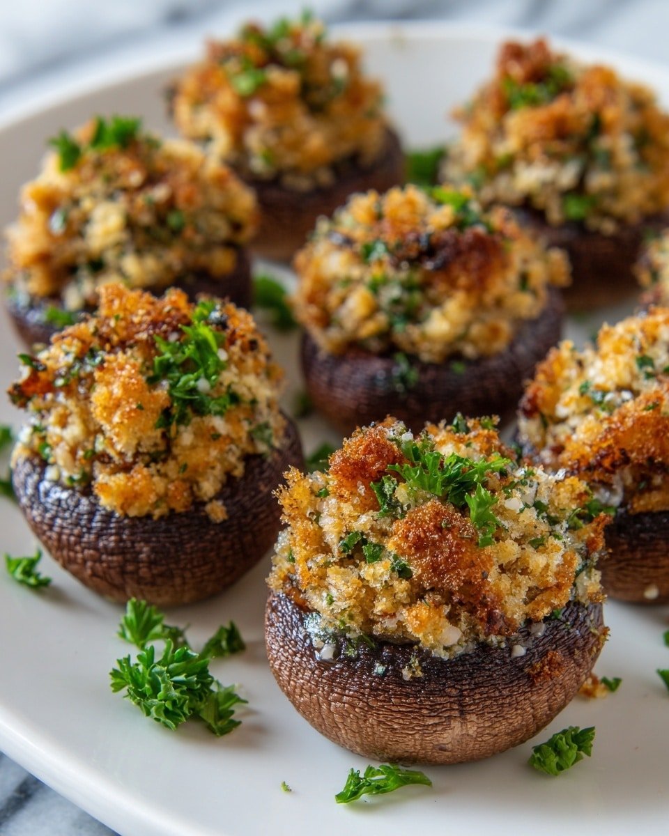 The image shows a white plate filled with several stuffed mushrooms. Each mushroom has a dark brown base with a textured, slightly wrinkled surface. On top of each mushroom is a golden-brown filling that appears crunchy and crumbly, with small green herb pieces mixed in. Some of the stuffing has a toasted look, giving it a crispy texture. Small bits of parsley are scattered around the mushrooms on the plate, adding a fresh green contrast. The background is a white marbled surface. photo taken with an iphone --ar 4:5 --v 7 — Garlic Pecorino Stuffed Mushrooms, baked mushroom appetizers, savory stuffed mushrooms, cheesy garlic mushroom recipe, easy mushroom appetizer