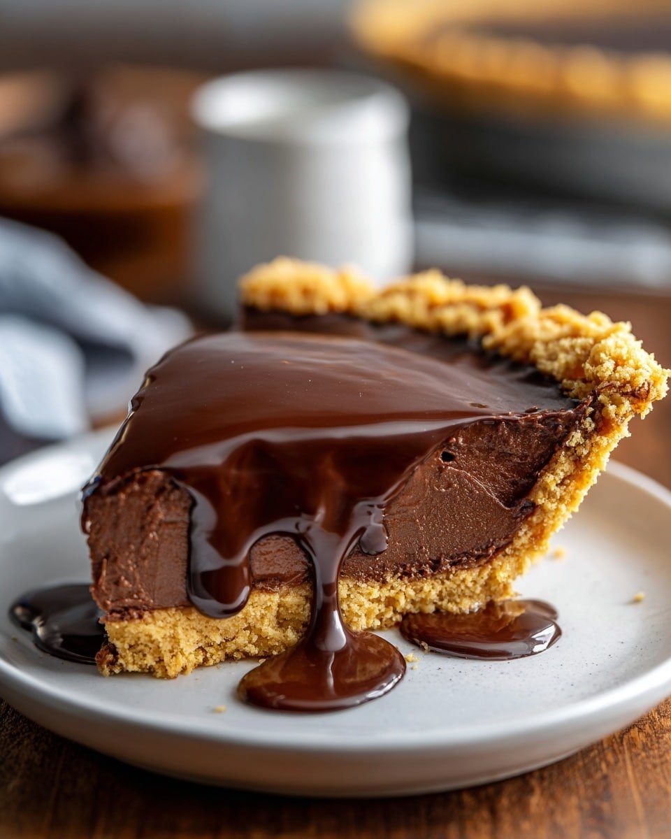 A slice of chocolate pie is placed on a white plate on a wooden table with a blurred kitchen background. The pie has three visible layers: a bottom layer of light brown crust, a thick middle layer of dark chocolate filling with a smooth texture, and a top layer of glossy, melted chocolate sauce slowly dripping over the edges. The crust is golden and crumbly, rising up around the filling to form a firm edge. The pie slice is centered on the plate, with chocolate sauce pooling slightly on the plate around the base. photo taken with an iphone --ar 4:5 --v 7 — Grandma’s Chocolate Pie, chocolate pie recipe, homemade chocolate pie, classic chocolate dessert, easy chocolate pie