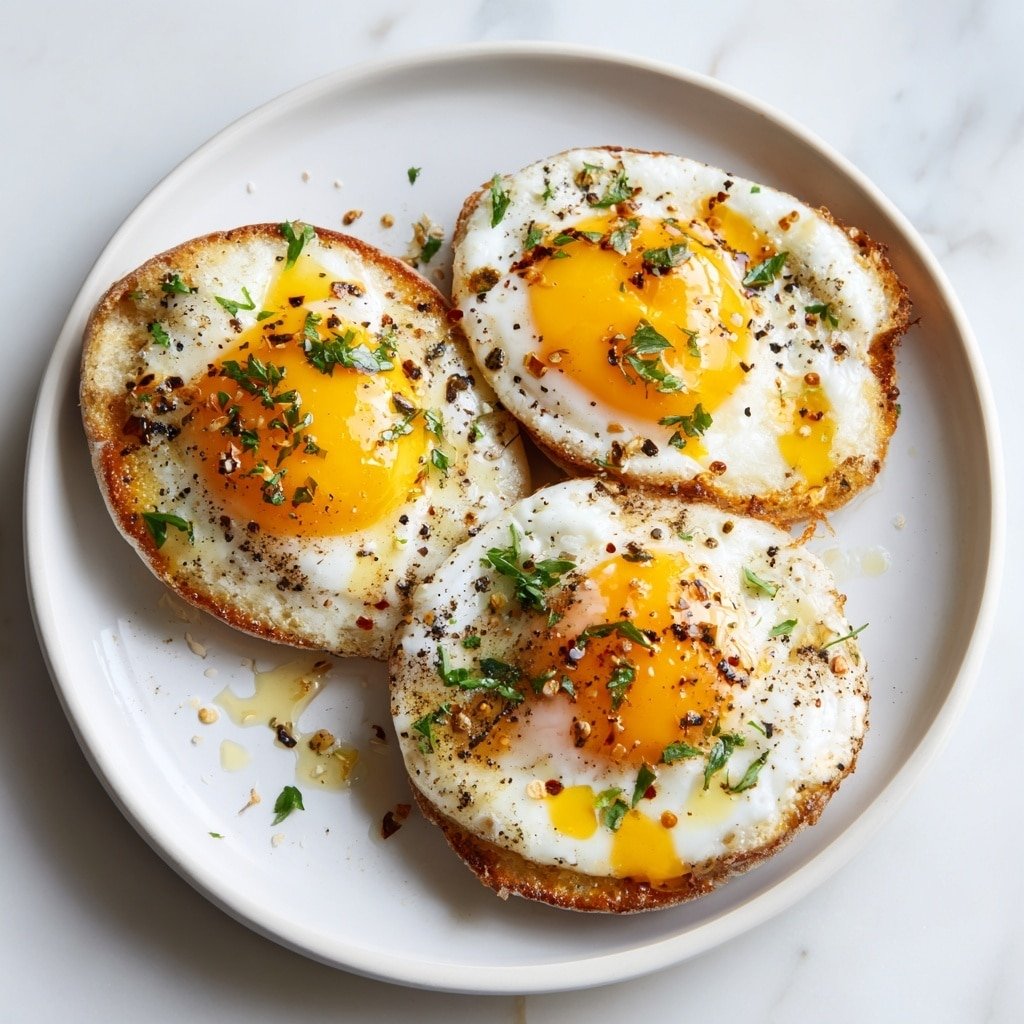 The image shows a white plate with three pieces of toasted English muffins. Each muffin has one sunny-side-up egg on top, with bright yellow yolks that are slightly runny and spilling down onto the muffins. The egg whites are fully cooked and slightly browned on the edges. The eggs are sprinkled with black pepper and small green herbs, adding texture and color contrast. The plate sits on a white marbled surface with soft lighting that highlights the warm tones of the food. photo taken with an iphone --ar 1:1 --v 7 — Classic Eggs Benedict, eggs benedict recipe, brunch eggs Benedict, homemade eggs Benedict, how to make eggs Benedict