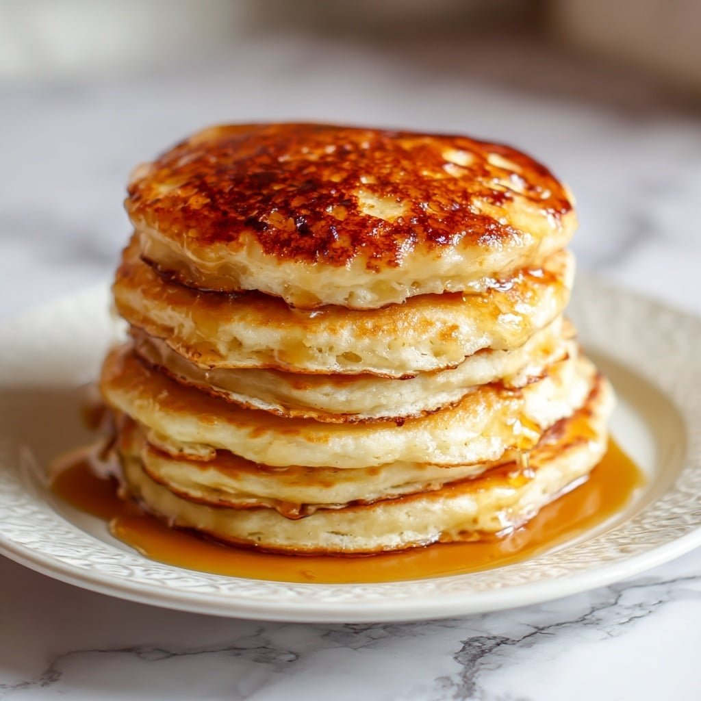 A stack of six golden brown pancakes sits in the center of a white plate with a subtle pattern around the edge. Each pancake has a slightly different shade of brown, with the top one being light golden and the middle ones showing a darker, crispier texture. The pancakes are thick and fluffy, with small air holes visible on the sides. A shiny layer of syrup covers the top pancake, dripping down the sides and pooling gently around the base on the plate. The plate is placed on a white marbled surface with a blurred background, giving a warm and cozy feel. photo taken with an iphone --ar 1:1 --v 7 — Classic Fluffy Pancakes, fluffy pancake recipe, easy pancake ingredients, homemade breakfast pancakes, light and airy pancakes