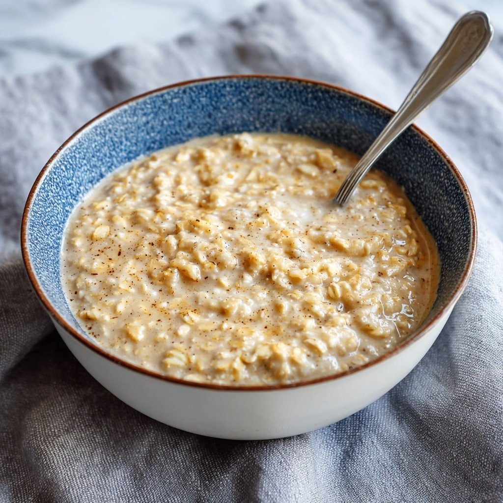 A close-up view of a single bowl filled with creamy oatmeal, showing thick, soft oats mixed with a light brown, slightly speckled creamy liquid. The bowl is white with a blue textured outer surface and a thin brown rim, sitting on a grey cloth with gentle folds. A silver spoon is placed inside the bowl on the right side, resting in the oatmeal. The background features a white marbled texture. photo taken with an iphone --ar 1:1 --v 7 — Creamy Cinnamon Raisin Oatmeal, Cinnamon Raisin Oatmeal, Healthy Breakfast Oatmeal, Cozy Morning Oatmeal, Easy Oatmeal Recipes