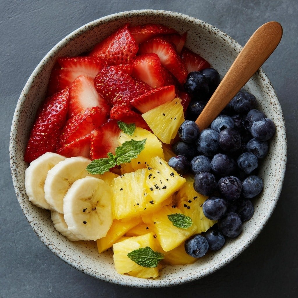 A speckled bowl filled with four sections of fresh fruits arranged side by side: bright red sliced strawberries on the left, pale yellow banana slices next to them, orange-yellow pineapple chunks topped with small black seeds and mint leaves beside the bananas, and a cluster of glossy dark blue blueberries on the bottom right. A wooden fork rests inside the bowl over the pineapple pieces. The bowl is placed on a dark grey surface. photo taken with an iphone --ar 1:1 --v 7 — Fresh Fruit Salad with Honey Lime Dressing, fruit salad recipe, healthy fruit salad, summer fruit salad, easy fruit salad ideas
