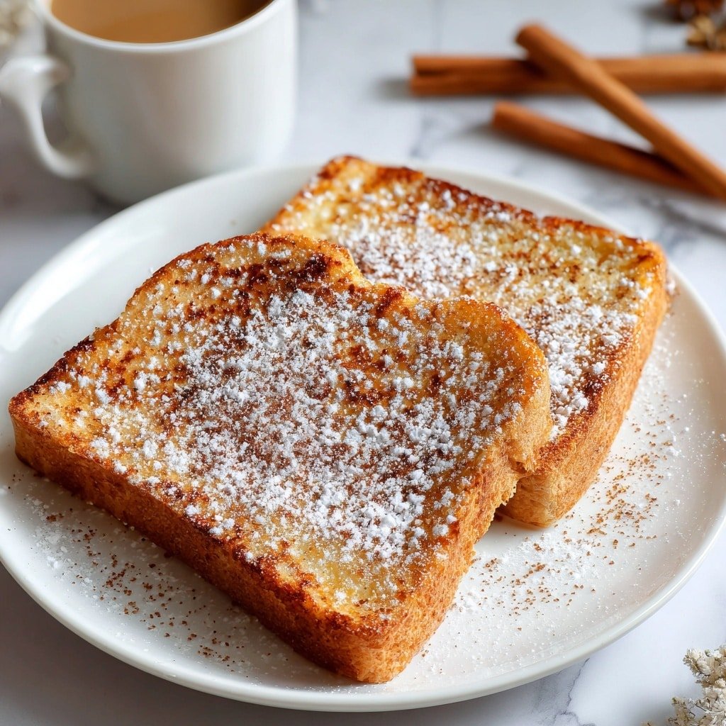Two slices of toasted bread with a golden brown color are placed on a white plate. The toast is sprinkled with white powdered sugar and a light dusting of cinnamon powder, creating a textured look on top. The plate sits on a white marbled textured surface, with a cup of coffee in a white mug visible on the right side and some cinnamon sticks blurred in the background. The photo taken with an iphone --ar 1:1 --v 7 — Cinnamon Toast, Cinnamon Toast Recipe, easy Cinnamon Toast, quick breakfast Cinnamon Toast, cinnamon-sugar toast