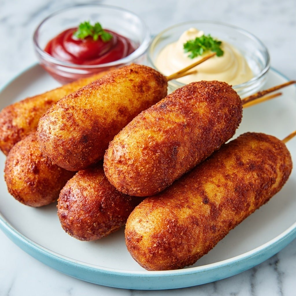 Perfect Crispy Corn Dogs Recipe - Recipe Image — Perfect Crispy Corn Dogs, crispy corn dogs recipe, homemade corn dogs, fair-style corn dogs, crunchy hot dog batter