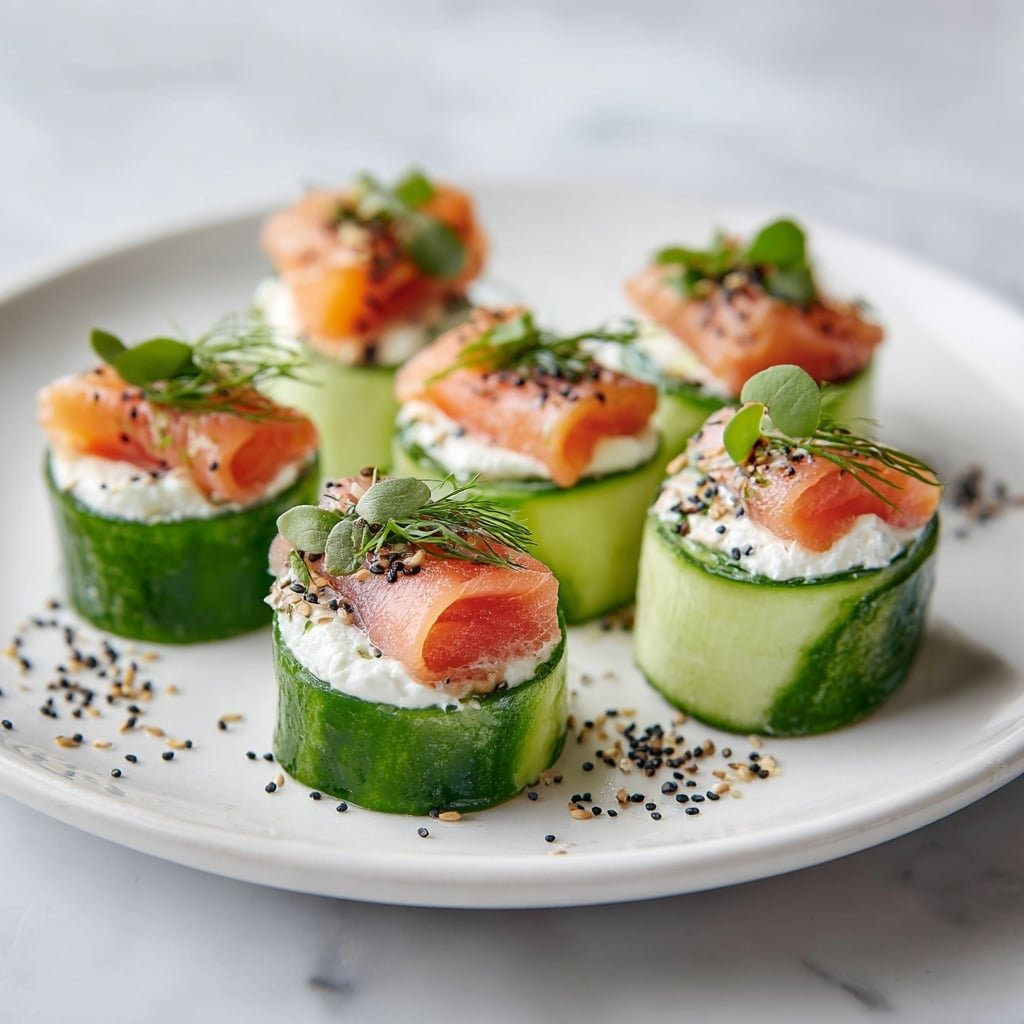 Cucumber Rolls with Cream Cheese and Smoked Salmon Recipe - Recipe Image — Cucumber Rolls with Cream Cheese and Smoked Salmon, healthy appetizer recipes, quick seafood snacks, elegant brunch ideas, low-carb finger foods