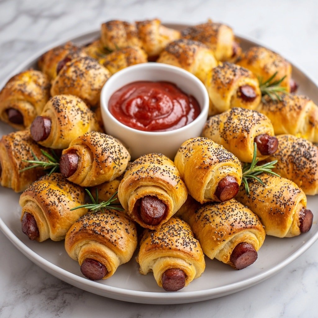 Mini Piggies in Blankets Recipe - Recipe Image — Mini Piggies in Blankets, sausage wrapped in pastry, easy party appetizers, finger food recipes, crowd-pleasing snacks