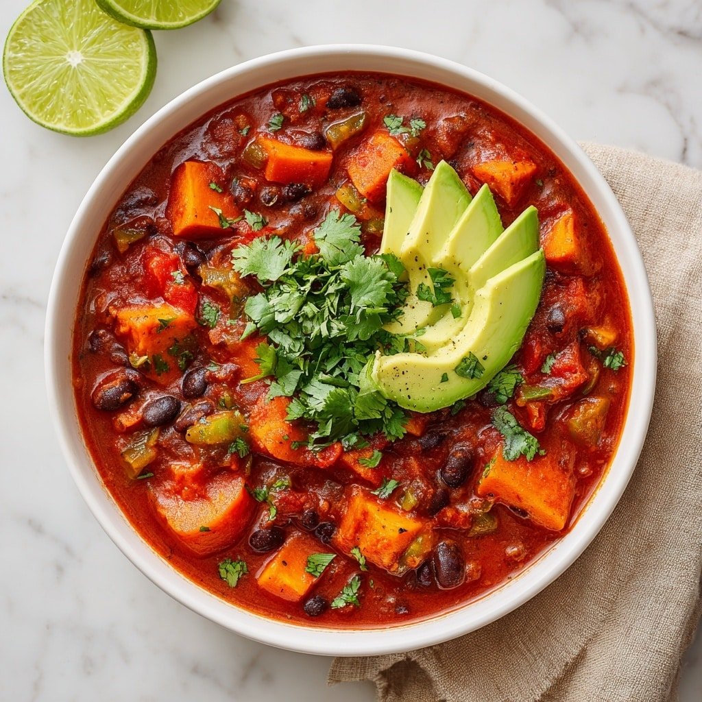 One-Pot Sweet Potato and Black Bean Chili Recipe - Recipe Image — One-Pot Sweet Potato and Black Bean Chili, healthy plant-based chili, comforting vegan dinner, easy vegetarian chili recipe, hearty sweet potato stew