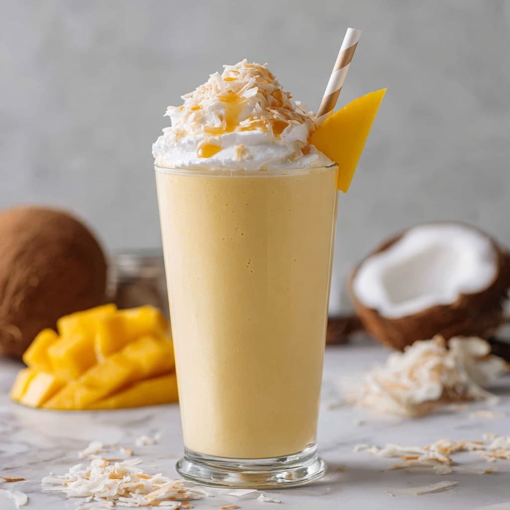 Mango Coconut Milkshake Recipe - Recipe Image — Mango Coconut Milkshake, tropical mango coconut shake, dairy-free tropical smoothie, refreshing mango coconut drink, easy mango coconut shake recipe