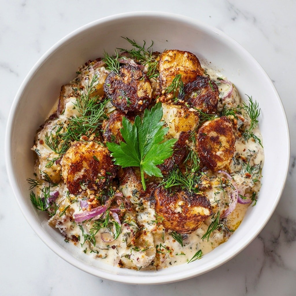 Smashed Potato Salad with Fresh Herbs and Creamy Dijon Dressing Recipe - Recipe Image — Smashed Potato Salad with Fresh Herbs and Creamy Dijon Dressing, potato salad with herbs and Dijon, easy smashed potato salad recipe, healthy potato side dish, vibrant herb potato salad