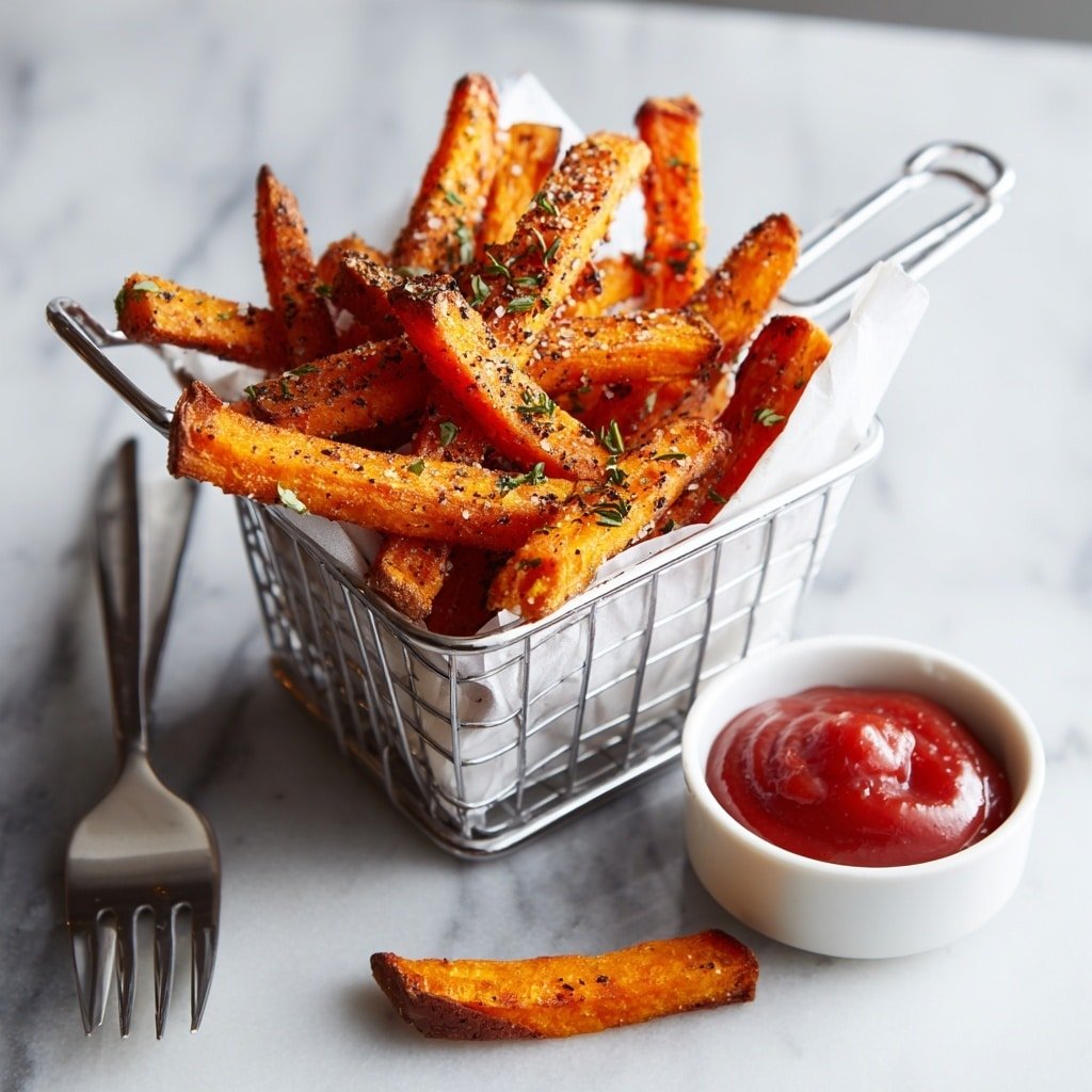 Air Fryer Sweet Potato Fries Recipe - Recipe Image — Air Fryer Sweet Potato Fries, healthy sweet potato fries, crispy sweet potato fries, easy air fryer snacks, baked sweet potato fries