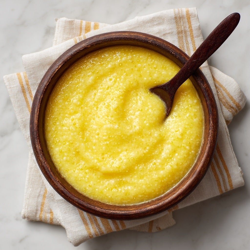 A single bowl filled with bright yellow creamy porridge that has a slightly bubbly and smooth texture on top, with tiny grainy bits visible throughout. The bowl is a deep brown, rustic-style ceramic placed on a soft white cloth with light brown stripes, all set on a white marbled surface. A dark wooden spoon is dipped into the porridge from the right side, slightly stirring the smooth surface. Photo taken with an iphone --ar 1:1 --v 7 — Creamy Cornmeal Mush with Butter and Sweet Toppings, Cornmeal mush breakfast ideas, comforting cornmeal recipes, easy nostalgic breakfast, cozy sweet breakfast dishes