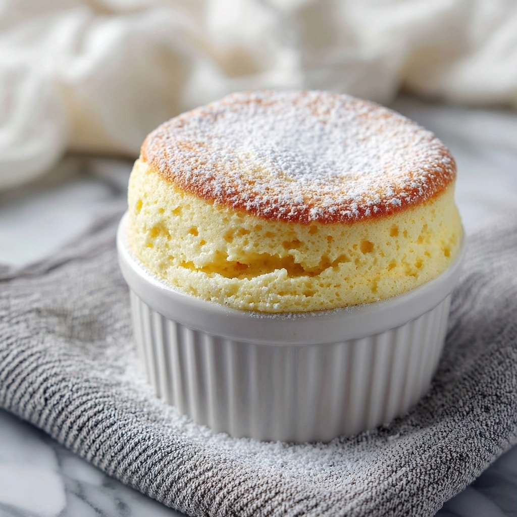The image shows a single-layer soufflé in a white ceramic ramekin. The soufflé is light yellow with a golden brown top that is slightly raised above the rim of the ramekin. The surface is soft and fluffy with small airy holes visible around the edges and is topped with a light dusting of powdered sugar. The ramekin rests on a grey and white textured cloth, set on a white marbled surface. In the background, there is a soft, blurred white fabric. The photo taken with an iphone --ar 1:1 --v 7 — Cheese Soufflé, French cheese souffle, how to make cheese soufflé, cheesy baked souffle, elegant cheese dish