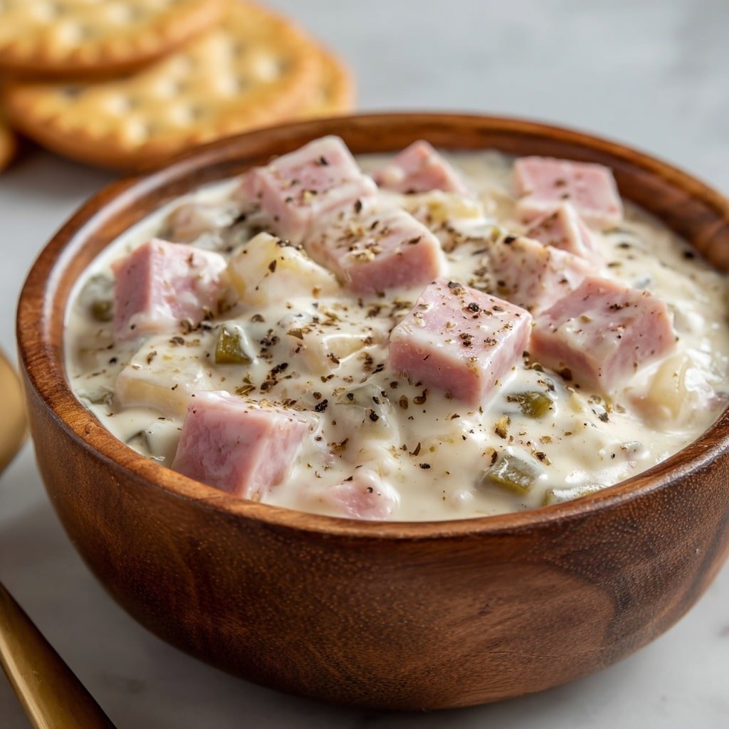 A round wooden bowl filled with a creamy mixture topped with cubes of pink ham mixed in a thick white sauce, sprinkled with black pepper. The creamy sauce looks smooth with some small bits of green and white visible within it. In the background, there are round crackers blurred and resting on a white marbled surface. The focus is on the bowl showing a close-up view of the texture and colors of the dish, photo taken with an iphone --ar 1:1 --v 7 — Deviled Ham Spread, ham spread recipe, savory ham appetizer, quick ham snack, creamy ham dip