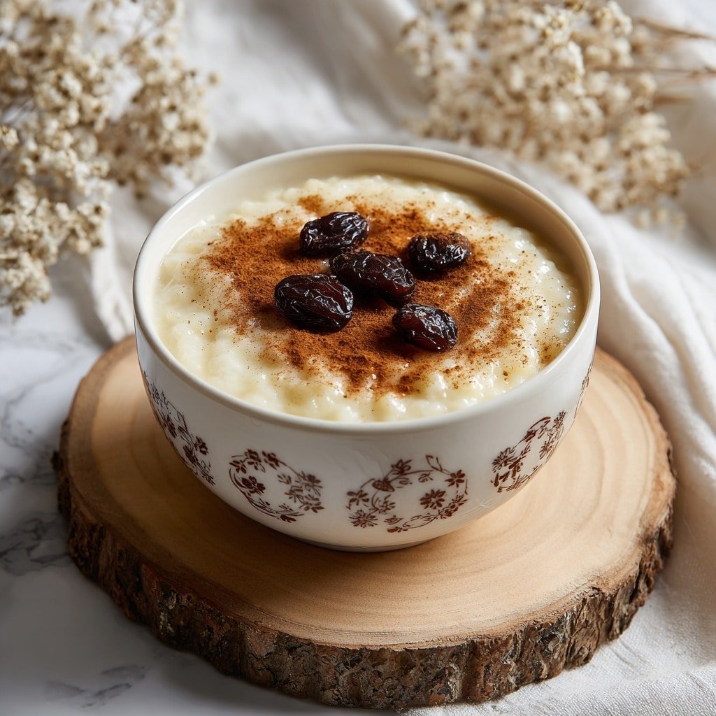 A white ceramic bowl with brown patterns is filled with creamy rice pudding showing small rice grains in a smooth, off-white mixture. On top, a sprinkle of cinnamon powder covers the center, with seven dark, shiny raisins placed on the cinnamon. The bowl sits on a round, natural wooden board with bark edges, placed on a white marbled surface. The background includes a soft white fabric and blurred dried flowers, creating a cozy, warm atmosphere. Photo taken with an iphone --ar 1:1 --v 7 — Creamy Rice Pudding with Cinnamon and Raisins, rice pudding dessert, comforting rice pudding recipe, easy cinnamon rice pudding, creamy rice pudding with raisins