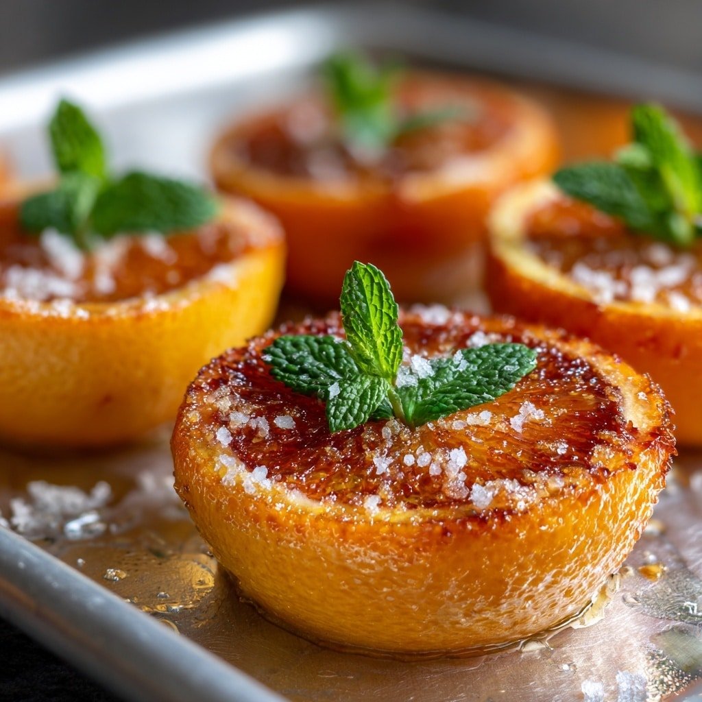 The image shows four round orange halves placed on a silver cookie tray with a shiny, slightly wet surface. Each orange half is topped with a small bright green mint leaf and has a light sprinkling of granulated white sugar on the juicy, reddish-orange flesh inside the orange peel rim that looks slightly caramelized and glistening. The orange skin is textured and has a golden color, adding warmth to the image. The background is softly blurred, focusing on the fresh oranges and their decorated tops. Photo taken with an iphone --ar 1:1 --v 7 — Grapefruit Brûlée, citrus brûlée dessert, grapefruit dessert recipe, easy brunch desserts, fruit caramelized topping