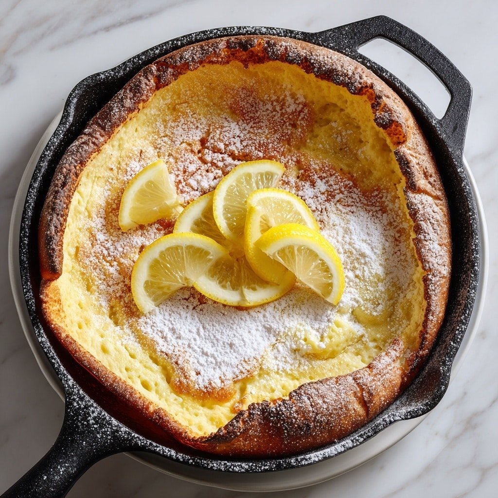 A golden-brown Dutch baby pancake in a black cast iron pan with a light dusting of white powdered sugar spread softly across the top. There are four lemon wedges arranged on the edges, two on one side and two on the other, adding a bright yellow contrast to the warm pancake surface. The pan sits on a white plate, which is placed on a white marbled surface. The pancake has a slightly raised, crispy edge that is darker and more textured, while the center looks soft and slightly puffy, showing subtle uneven variation in color and texture. Photo taken with an iphone --ar 1:1 --v 7 — Dutch Baby Pancake, Dutch Baby Pancake recipe, fluffy pancake ideas, brunch breakfast recipes, easy breakfast dishes
