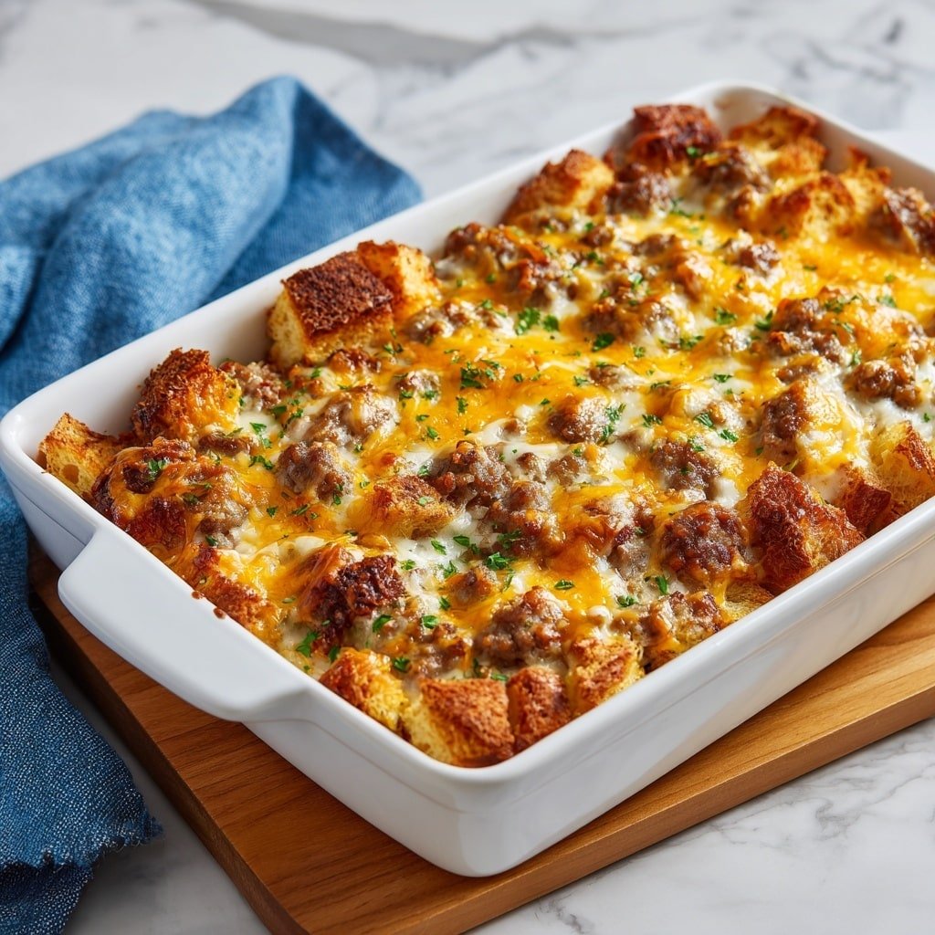 The image shows a white rectangular baking dish filled with a baked casserole. The dish has several layers starting with browned sausage pieces evenly spread throughout. Mixed with the sausage are toasted bread cubes that vary from golden to slightly darker brown on the edges. Melted cheese with a yellow-orange color covers the top layer, bubbling and creating a crispy texture, with some spots browned from baking. Small green herbs are sprinkled over the entire dish, adding a fresh contrast to the warm colors. The baking dish rests on a light wooden board, set on a white marbled surface with a blue cloth nearby. photo taken with an iphone --ar 1:1 --v 7 — Cheesy Breakfast Sausage Casserole, breakfast casserole with sausage and cheese, easy morning breakfast recipe, hearty brunch casserole, cheesy sausage bake