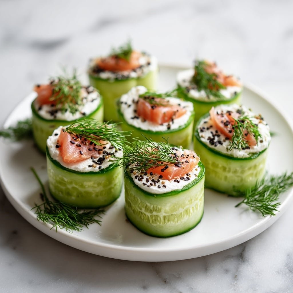 Everything Bagel Cucumber Rolls with Cream Cheese and Smoked Salmon Recipe - Recipe Image — Everything Bagel Cucumber Rolls with Cream Cheese and Smoked Salmon, cucumber roll appetizers, bagel lox alternatives, healthy seafood appetizer, easy finger food recipes