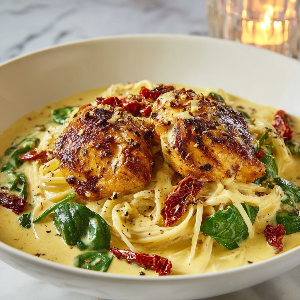 Creamy Tuscan Chicken Recipe - Recipe Image — Creamy Tuscan Chicken, Tuscan Chicken with Cream Sauce, Sun-Dried Tomato Chicken, Easy Creamy Chicken Dinner, Chicken with Spinach and Parmesan