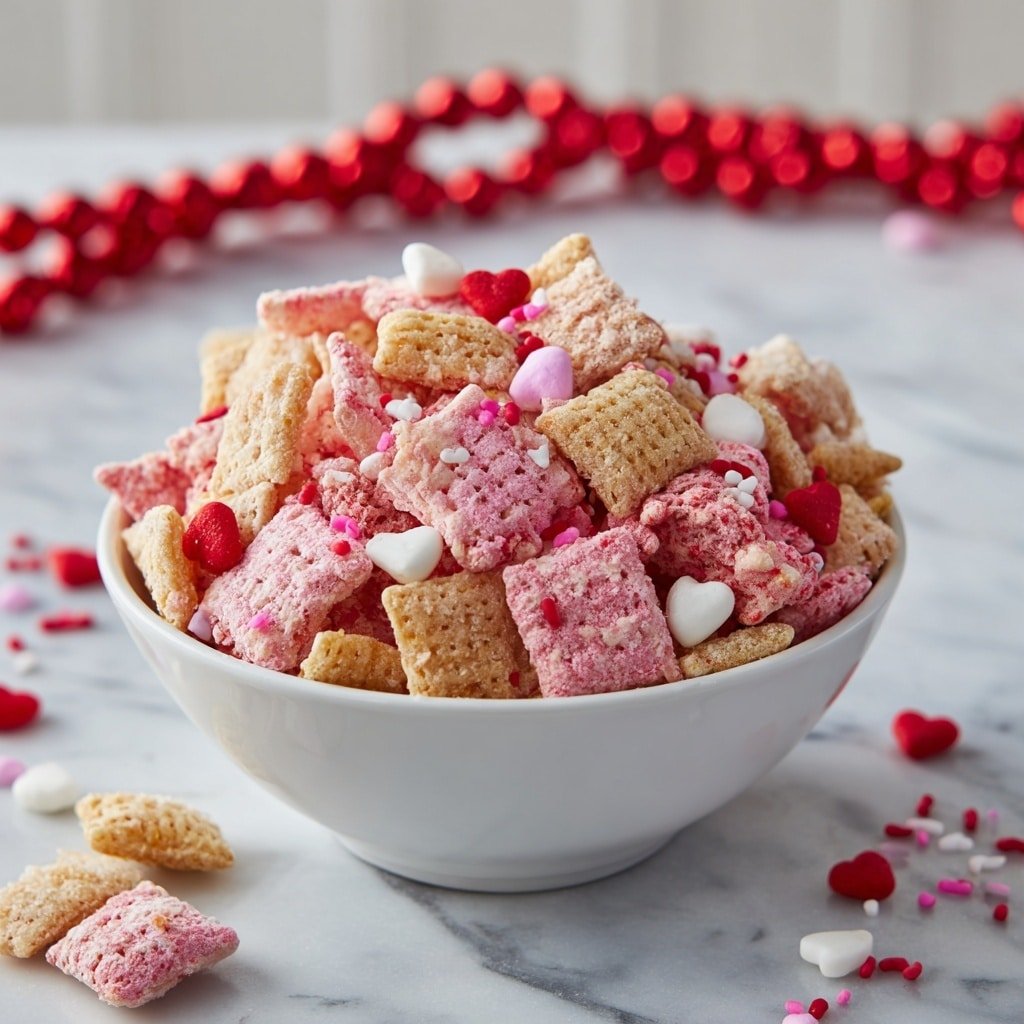 Strawberry Crunch Muddy Buddies Recipe - Recipe Image — Strawberry Crunch Muddy Buddies, strawberry muddy buddies, crunchy strawberry snack, easy Muddy Buddies recipe, festive breakfast treats