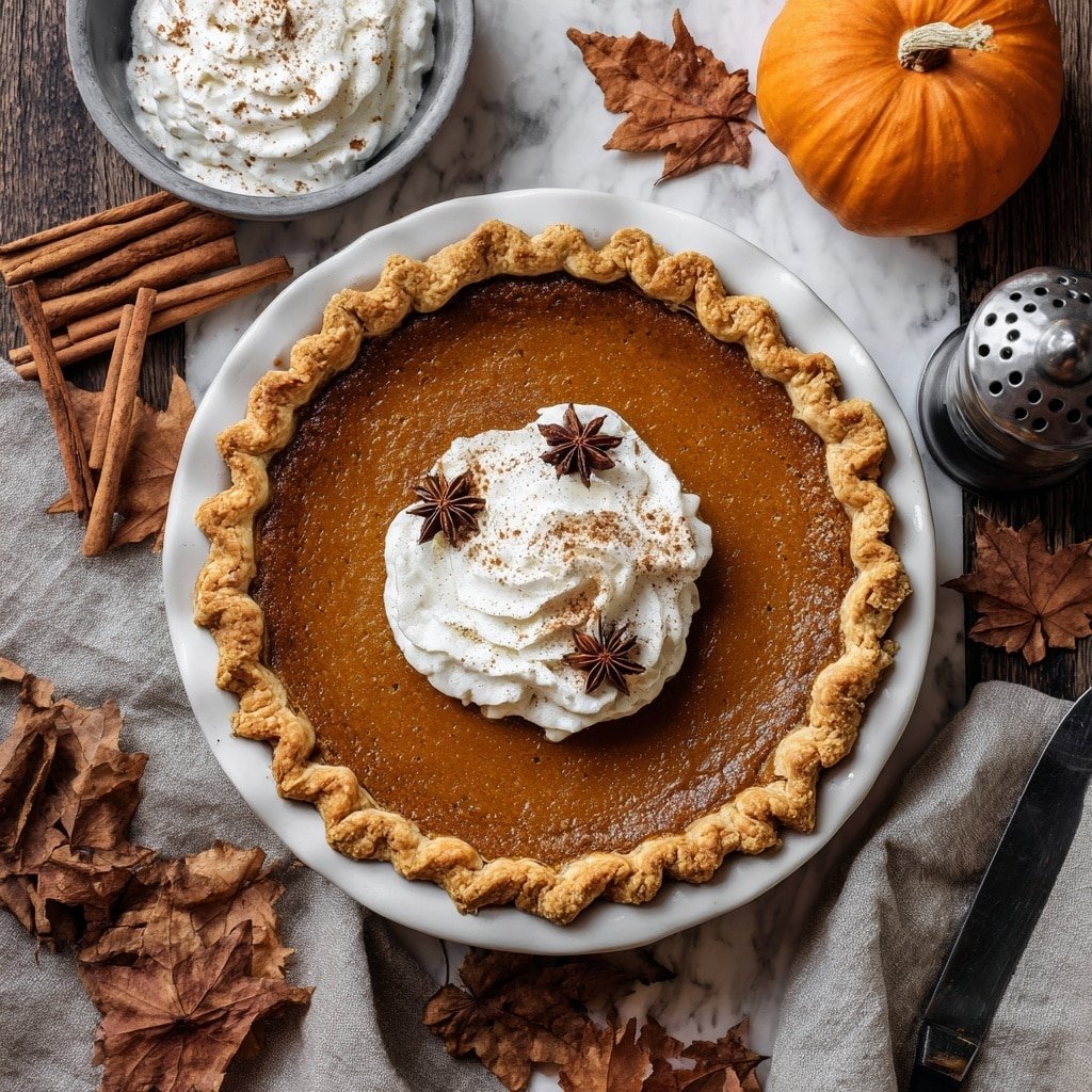 The image shows a pumpkin pie with a golden, crimped crust on a white plate. The pie filling is smooth and deep orange-brown, topped in the center with a swirl of white whipped cream sprinkled with a light dusting of brown spice and decorated with star anise. The pie sits on a dark wooden surface surrounded by dried autumn leaves, pieces of cinnamon sticks, and a whole pumpkin to the left. Nearby, there is a small gray bowl with whipped cream and spice flakes, a linen napkin with a dark knife, and a shaker with holes on top, all arranged naturally. The background is a white marbled texture. photo taken with an iphone --ar 1:1 --v 7 — Chai Spiced Pumpkin Pie, Pumpkin Pie with Chai Spices, Fall Pumpkin Pie Recipe, Cozy Pumpkin Pie Dessert, Holiday Pumpkin Pie