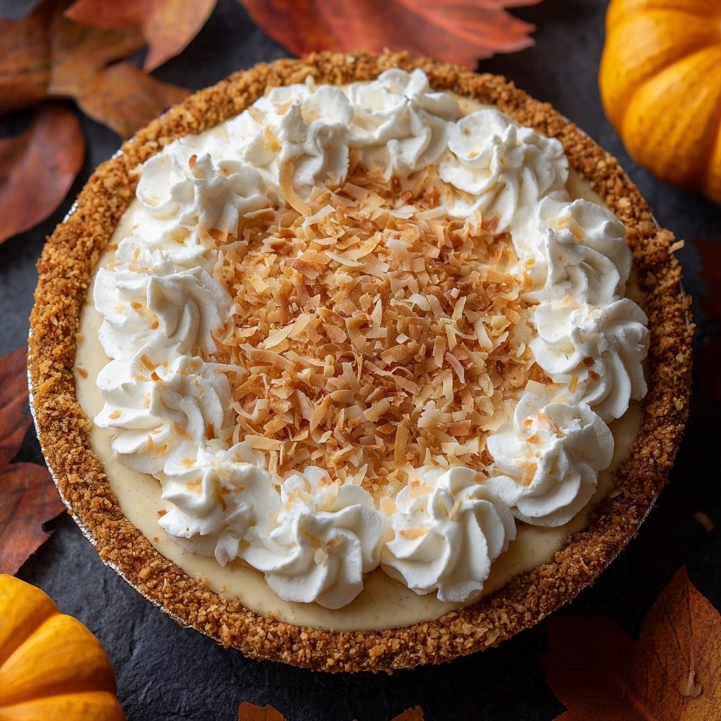 A round pie with a golden brown crust around the edge fills the image. Inside the crust is a smooth, light brown filling visible beneath a thick layer of creamy white whipped topping that is piped in swirled dollops around the pie's surface. On top of the whipped cream, there is a generous sprinkle of toasted coconut flakes that are lightly browned and add texture. The pie sits on a dark surface decorated with brown and orange autumn leaves and small pumpkins nearby. The photo is taken with an iphone --ar 1:1 --v 7 — Coconut Cream Pie, Coconut Cream Pie Recipe, How to Make Coconut Cream Pie, Best Coconut Cream Pie, Easy Coconut Pie